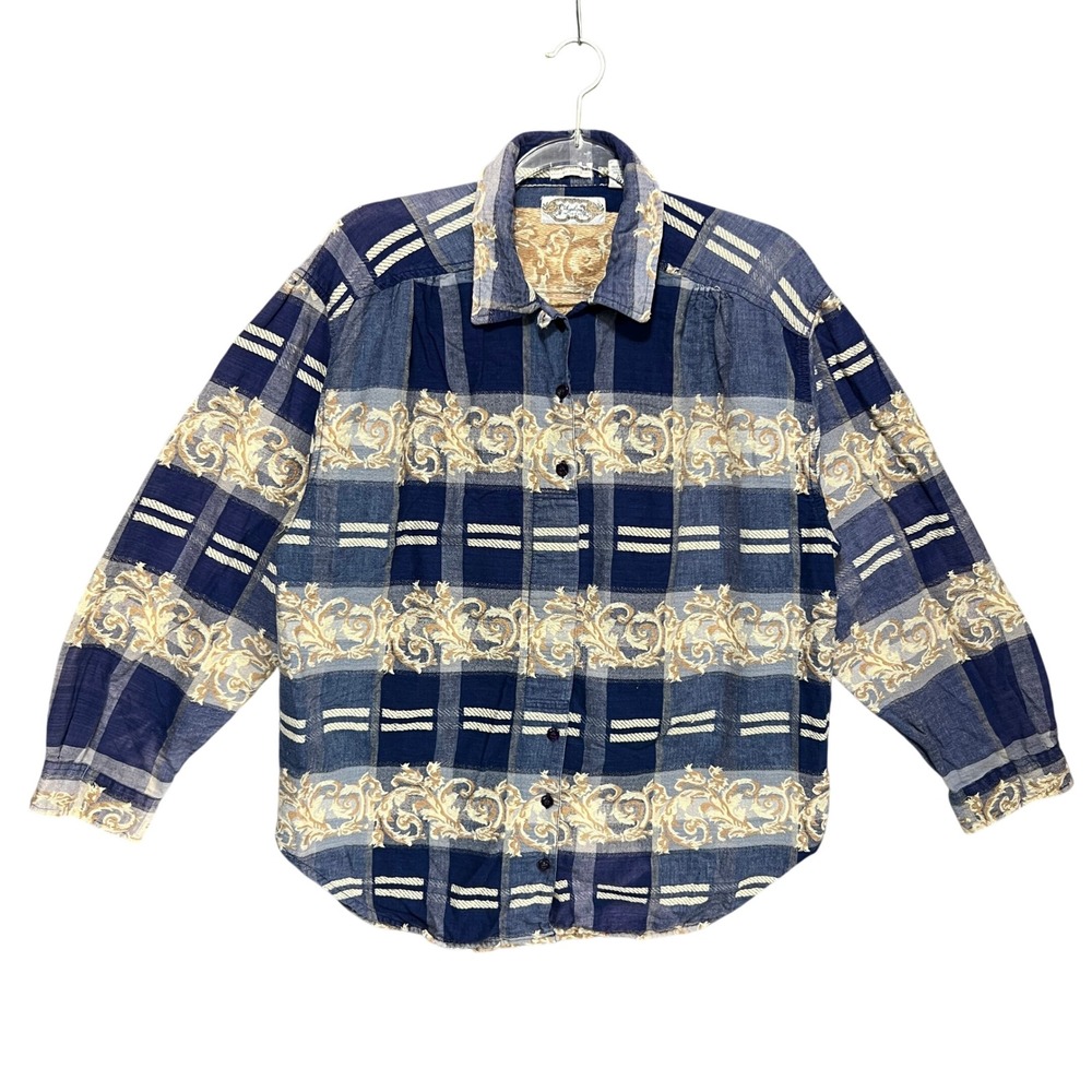 VTG 90s Blue Plaid Baroque Floral Embroidered Cotton Shirt Womens L Cottage boho